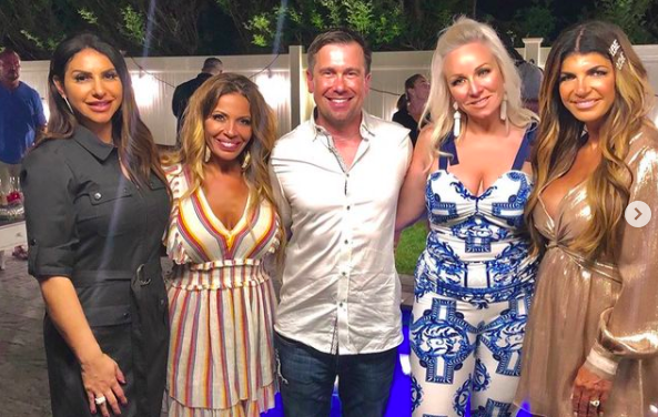 Teresa Giudice’s Blue and White Printed Jumpsuit