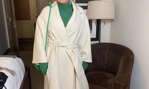 Diana Jenkins’ Green Metallic Turtleneck Dress