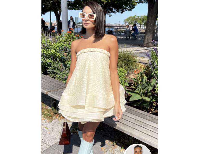 Paige DeSorbo’s Cream Strapless Ruffle Dress