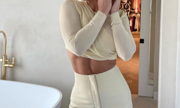 Tracy Tutor’s Cream Twist Top and Leather Pants