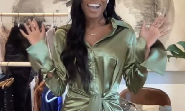 Ciara Miller’s Green Satin Shirt Dress