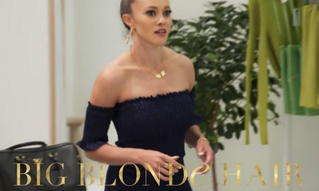 Ashley Darby’s Navy Smocked Off The Shoulder Dress