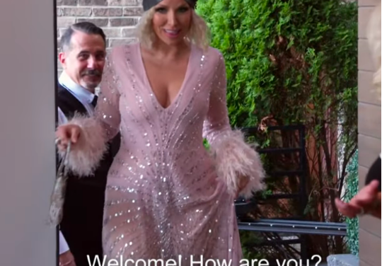 Margaret Josephs’ Pink Sequin Feather Trim Dress