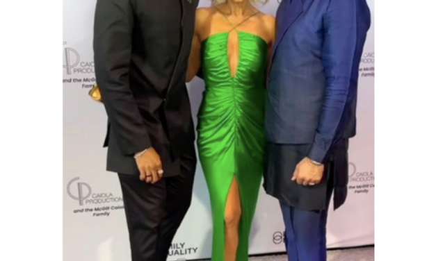 Margaret Josephs’ Green Satin Keyhole Dress