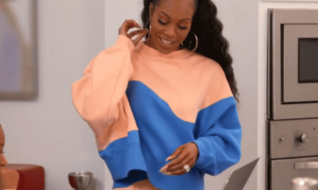 Sanya Richards-Ross’ Blue and Peach Sweatshirt and Shorts