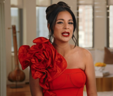 Jessel Taank’s Red One Shoulder Ruffled Confessional Look