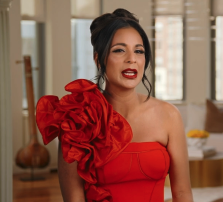 Jessel Taank’s Red One Shoulder Ruffled Confessional Look