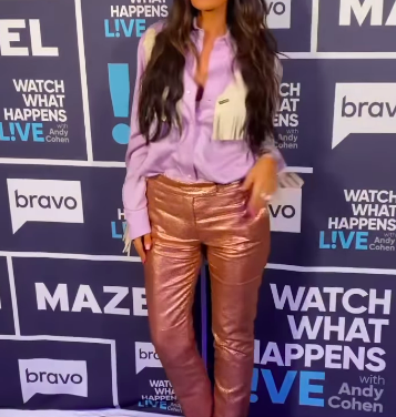 Lisa Barlow’s Lavender Fringe Shirt and Metallic Pants on Watch What Happens Live
