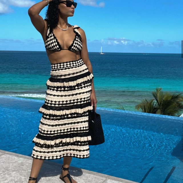 Sai De Silva’s Black and White Striped Crochet Skirt Set