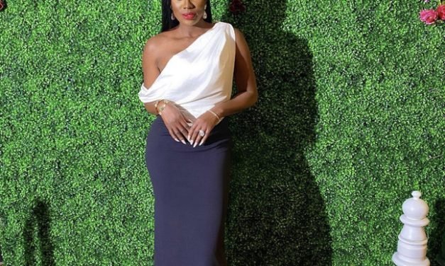 Wendy Osefo’s Black and White Draped Gown