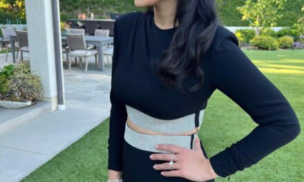 Crystal Kung Minkoff’s Black Embellished Crop Top and Skirt Set