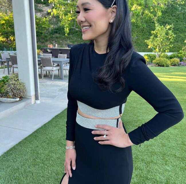 Crystal Kung Minkoff’s Black Embellished Crop Top and Skirt Set