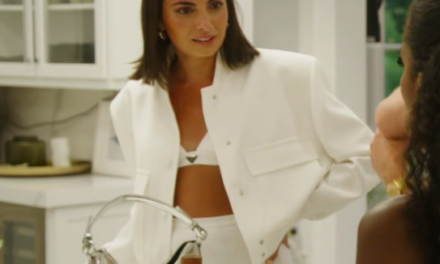 Paige DeSorbo’s White Bomber Jacket and Bralette