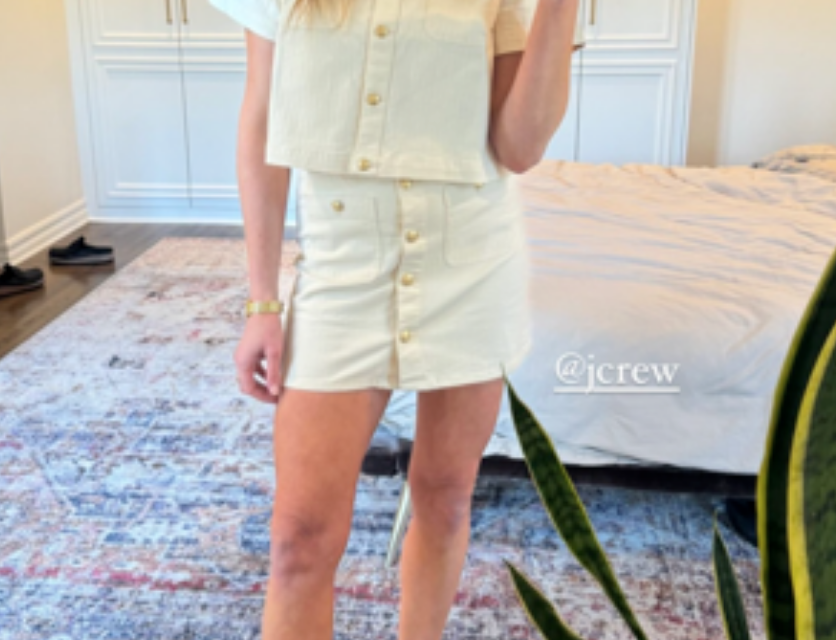 Stassi Schroeder’s Ivory Button Down Shirt and Skirt Set