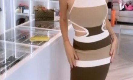 Caroline Stanbury’s Brown Striped Knit Midi Dress