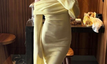 Caroline Stanbury’s Yellow Off The Shoulder Dress