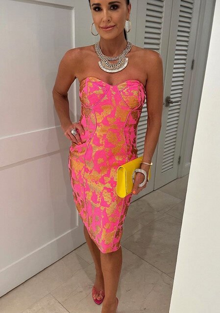 Kyle Richards’ Pink and Gold Printed Dress